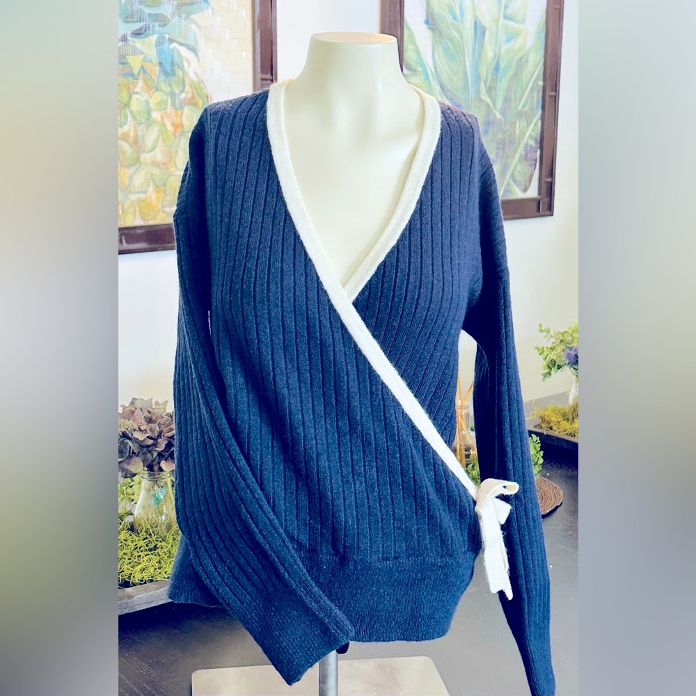 Loft V-Neck Sweater - Size M Navy with White Trim